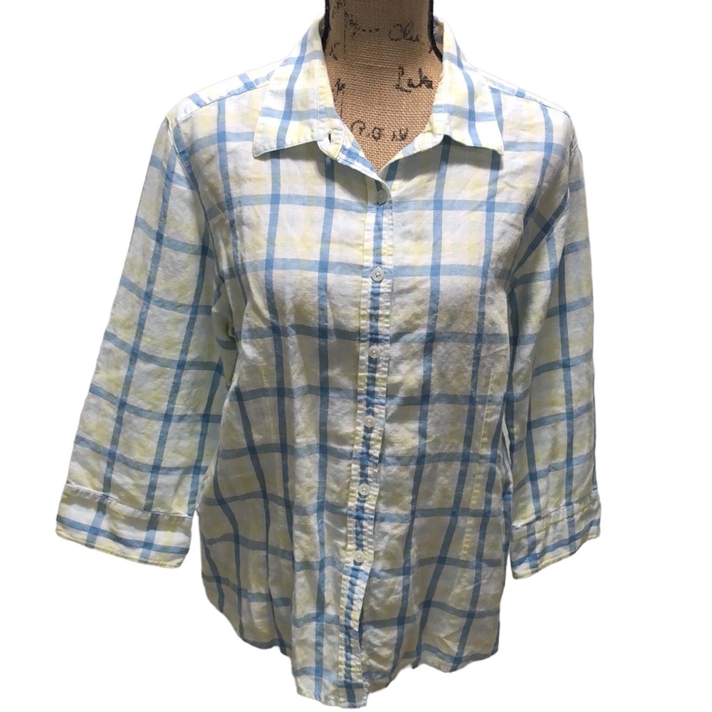{Talbots} Plaid Linen Blend Button Down 3/4 Sleeve Top